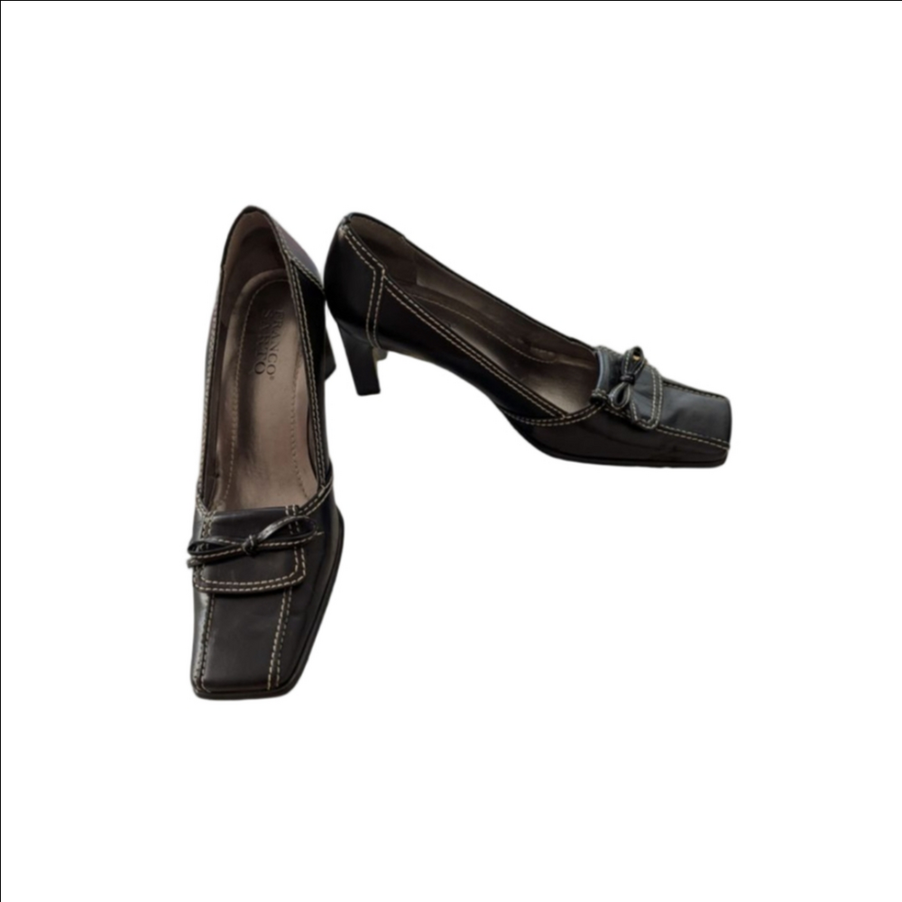 Women's Franco Sarto Black Leather Heels with White Stitching Size 6.5
